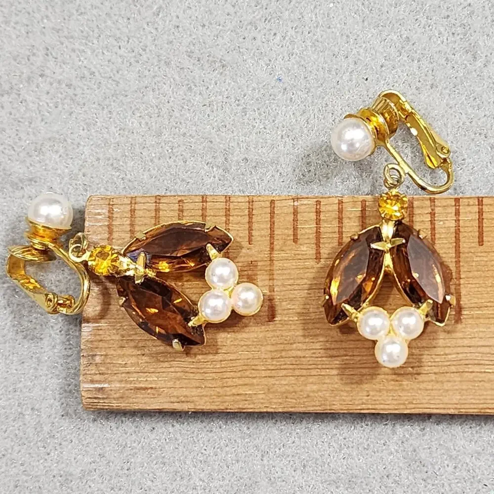Crystal Necklace Clip-On Earrings Kenneth Jay Lane Three Strand Faux Pearl Brown